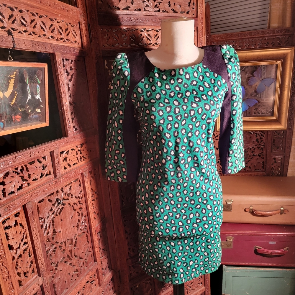 Gorman Emerald Green Leopard Print Fitted Dress, Size AUS 6